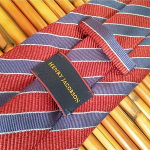 EUC HENRY JACOBSON Blue, Red & White Diagonal Striped 100% Silk Men's Tie